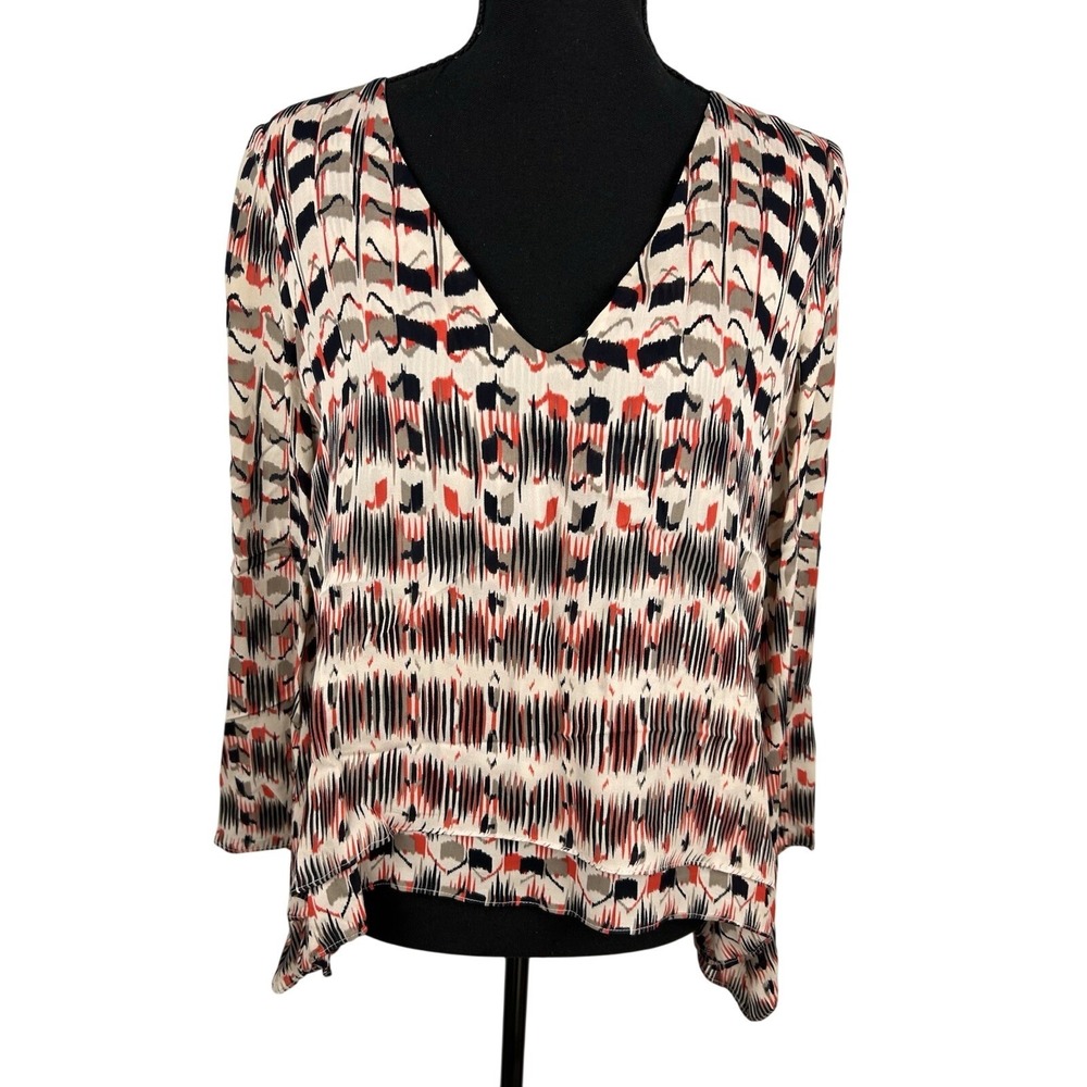 Parker Women Silk V-Neck Geometric Ikat Print Layered Blouse PA08945GE Red Black